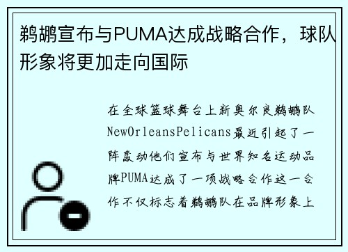 鹈鹕宣布与PUMA达成战略合作，球队形象将更加走向国际