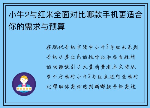 小牛2与红米全面对比哪款手机更适合你的需求与预算