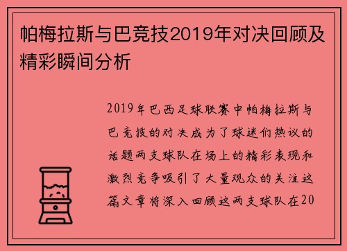 帕梅拉斯与巴竞技2019年对决回顾及精彩瞬间分析