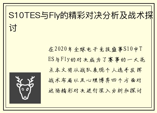 S10TES与Fly的精彩对决分析及战术探讨
