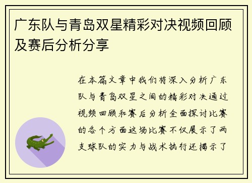 广东队与青岛双星精彩对决视频回顾及赛后分析分享