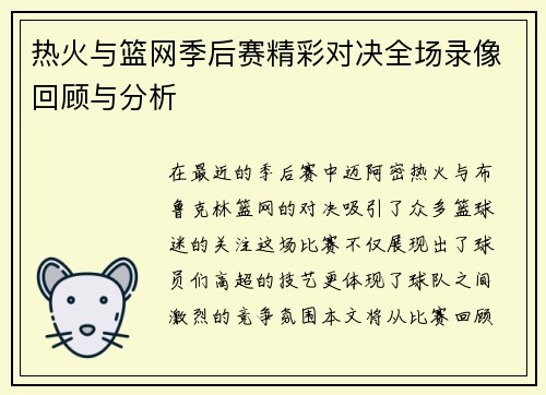 热火与篮网季后赛精彩对决全场录像回顾与分析