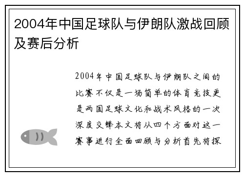 2004年中国足球队与伊朗队激战回顾及赛后分析