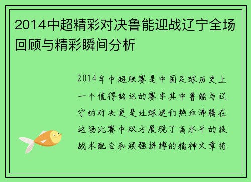2014中超精彩对决鲁能迎战辽宁全场回顾与精彩瞬间分析