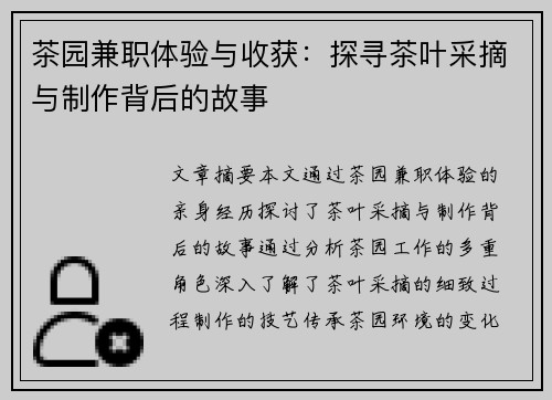 茶园兼职体验与收获：探寻茶叶采摘与制作背后的故事