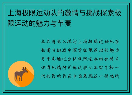 上海极限运动队的激情与挑战探索极限运动的魅力与节奏