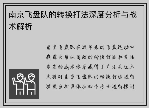 南京飞盘队的转换打法深度分析与战术解析