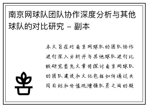 南京网球队团队协作深度分析与其他球队的对比研究 - 副本