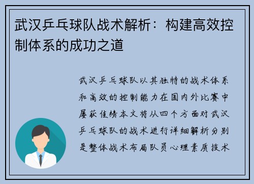 武汉乒乓球队战术解析：构建高效控制体系的成功之道
