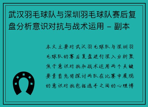 武汉羽毛球队与深圳羽毛球队赛后复盘分析意识对抗与战术运用 - 副本
