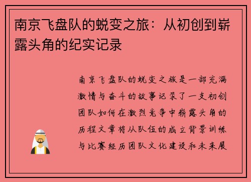 南京飞盘队的蜕变之旅：从初创到崭露头角的纪实记录